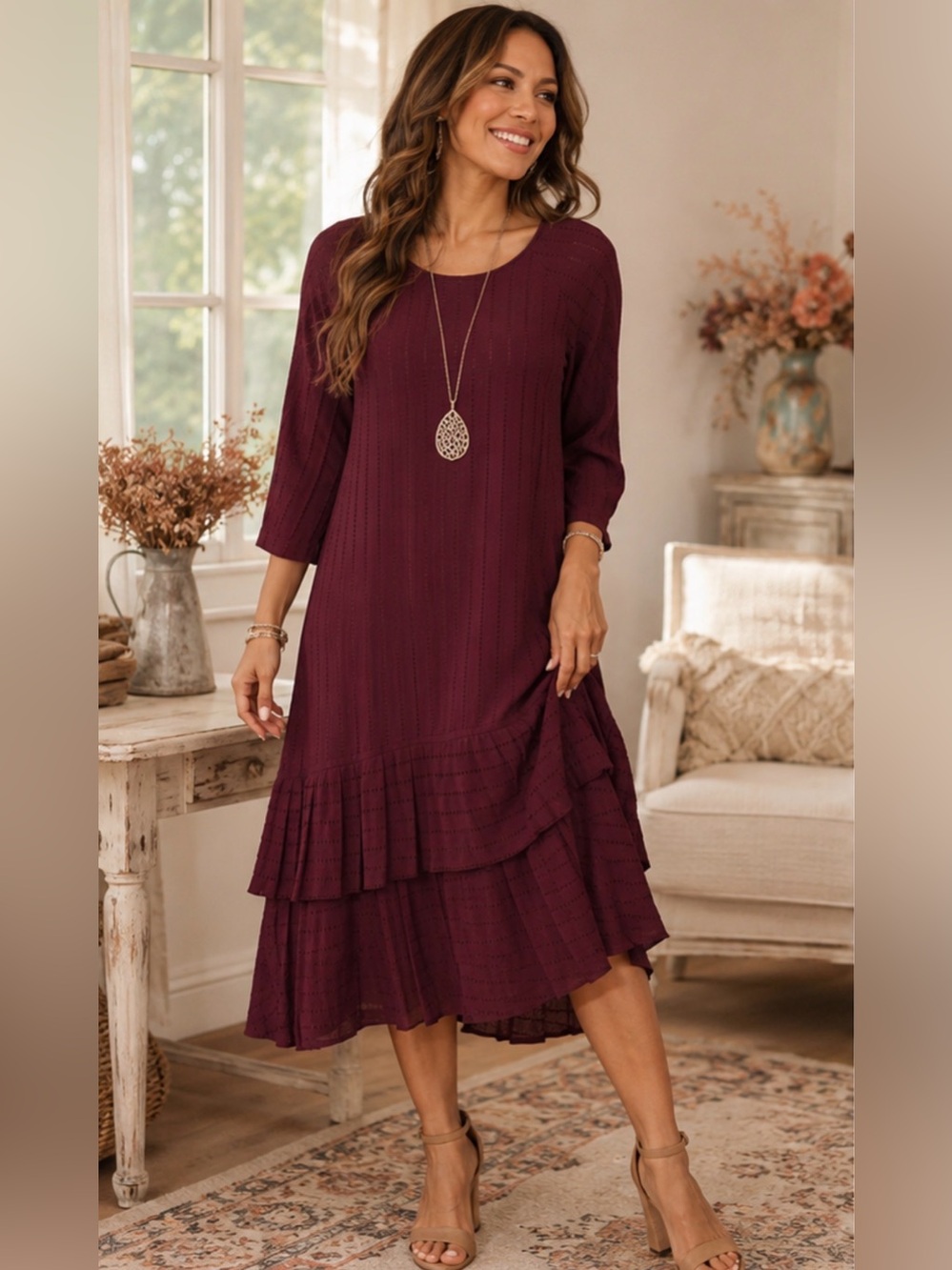 Table eight Women's Long Sleeve Wine Dress